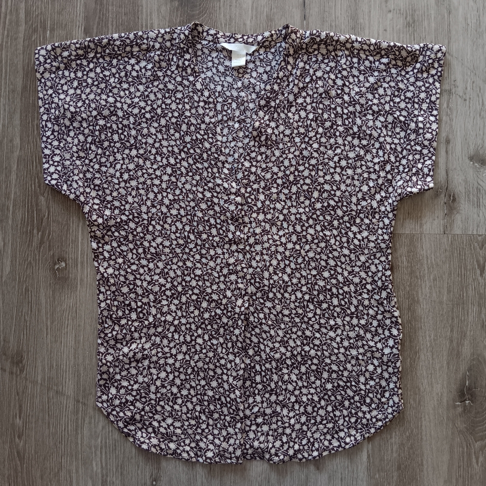 H&M Top Womens 8 Floral Split Vneck Viscose Chiffon Crinkle Brown White Casual